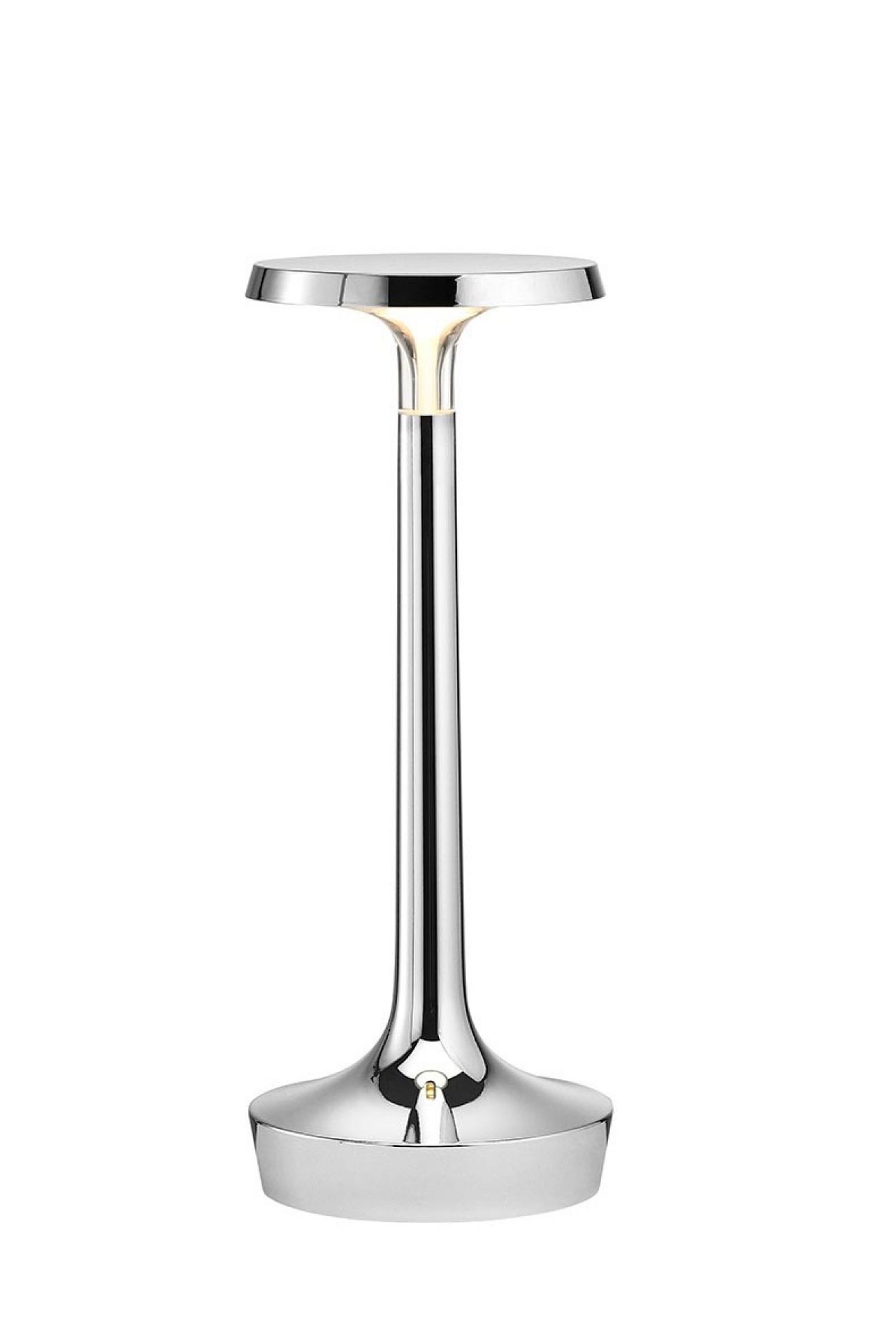 Chromfarbene Bon Jour Unplugged Tischleuchte von Flos, moderne LED Lampe für den Innenbereich.